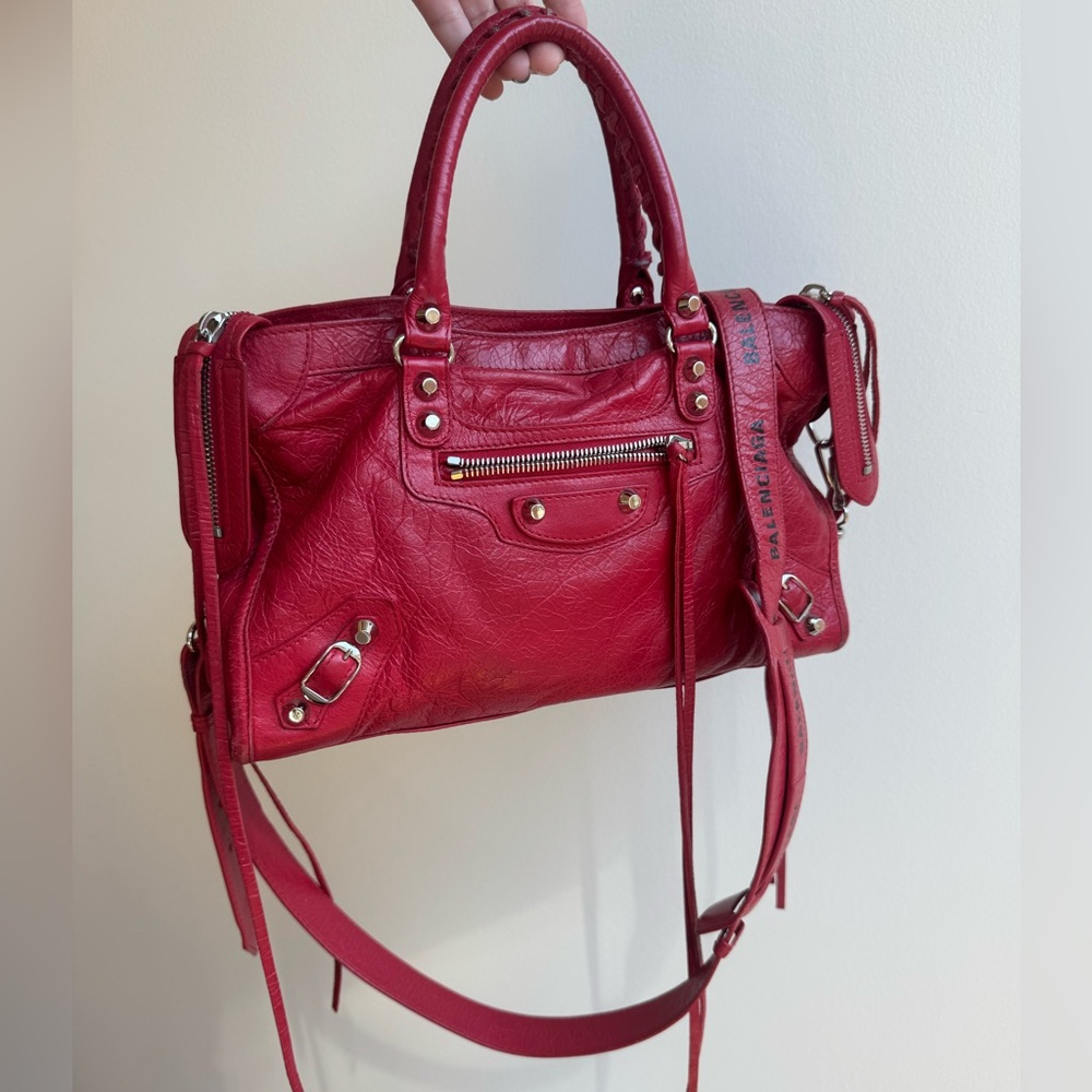 Balenciaga Red Leather Motorcycle Classic City Small Logo Strap Bag